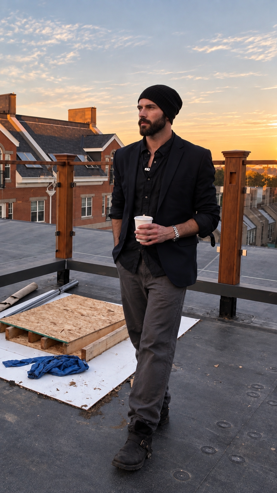 Josh Labbe, founder of Eat Bitterness, holding a coffee on a rooftop at sunrise